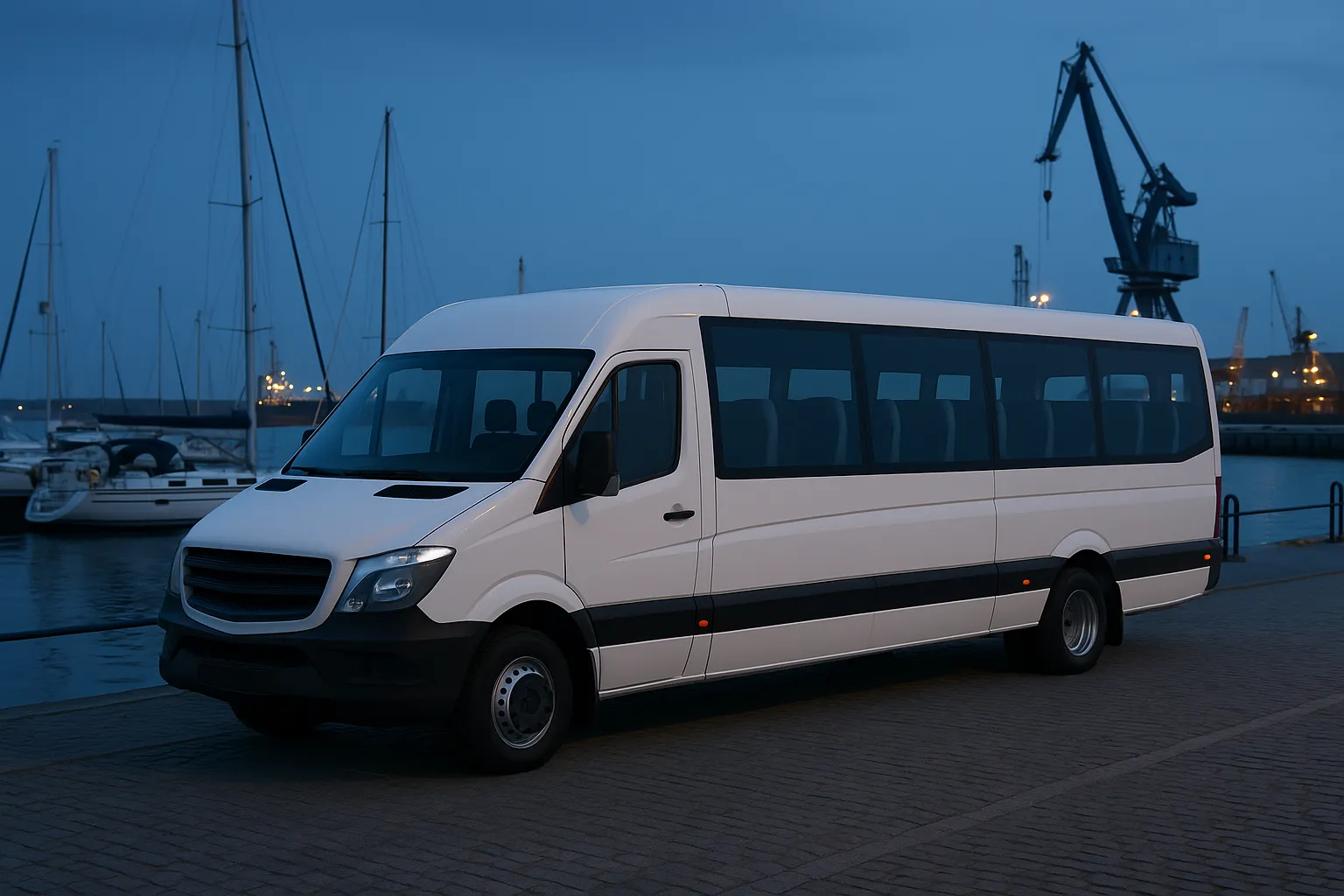 Minibus waiting at a marina waterfront event venue at dusk