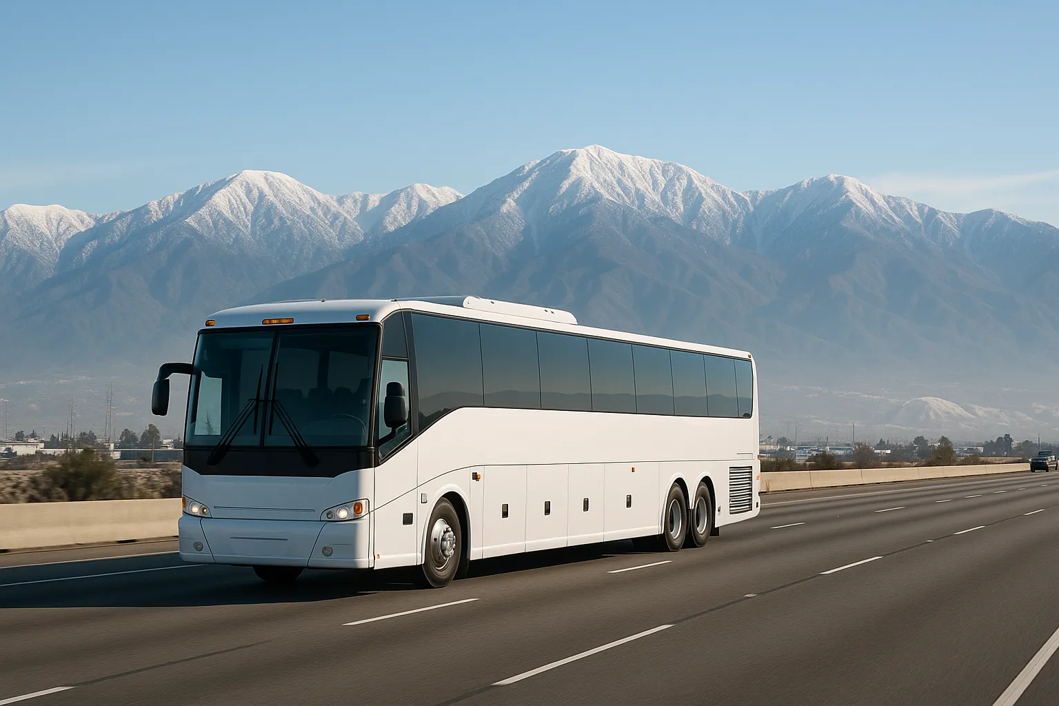 Charter coach near Fontana with mountains behind