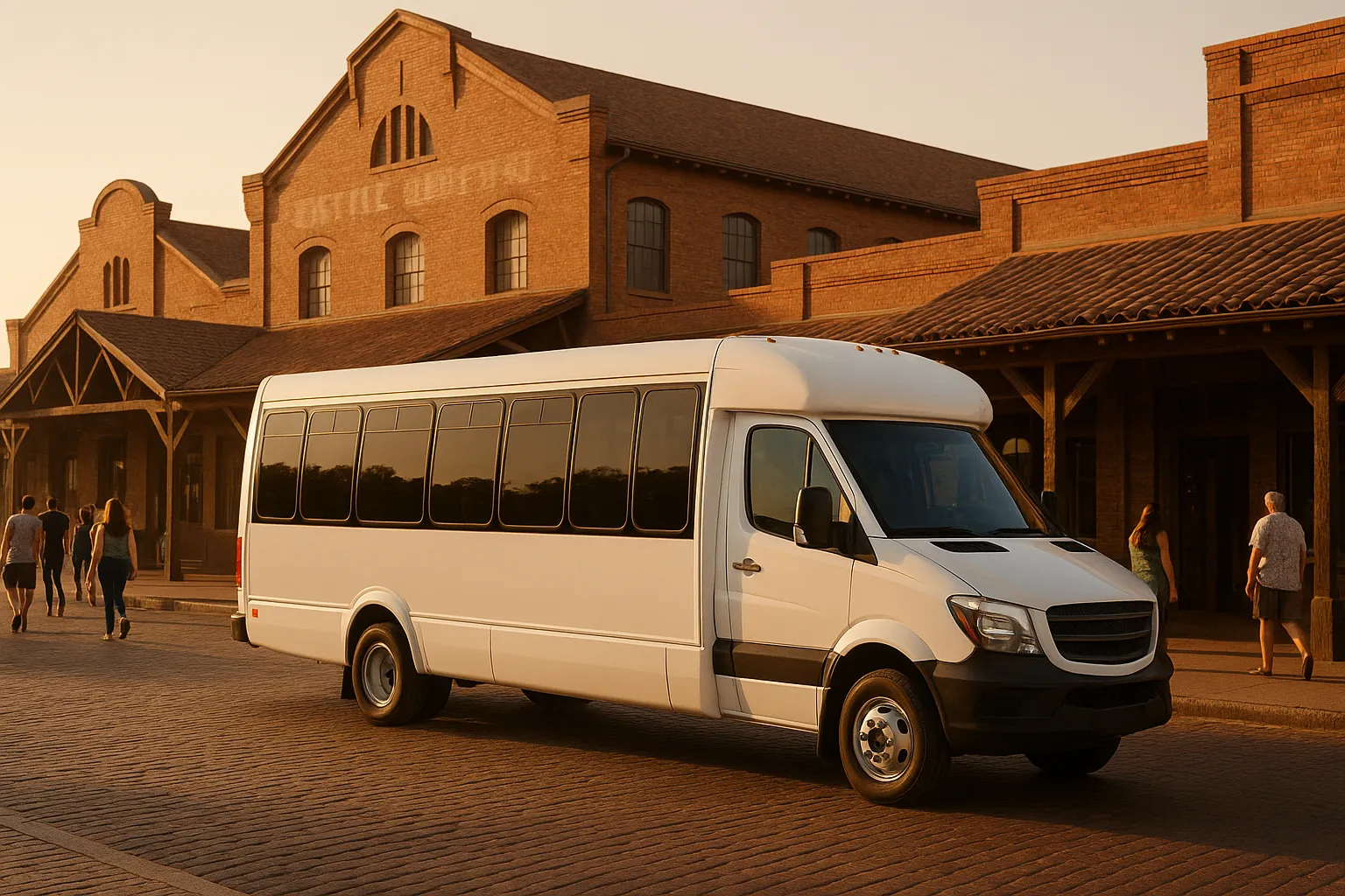 Minibus parked on a brick street in the Fort Worth Stockyards district in the evening