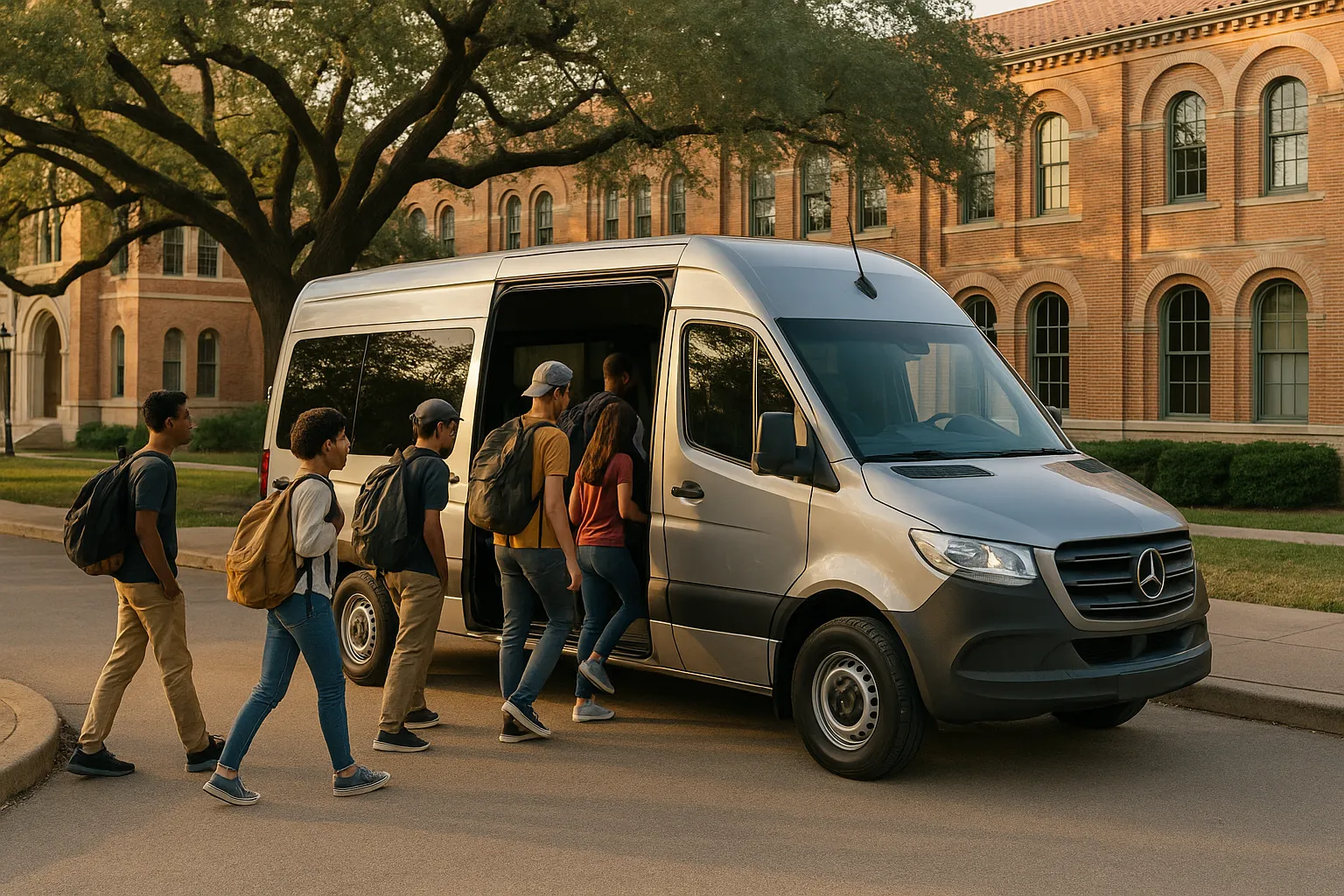 Sprinter van picking up students at a Texas university campus drop-off