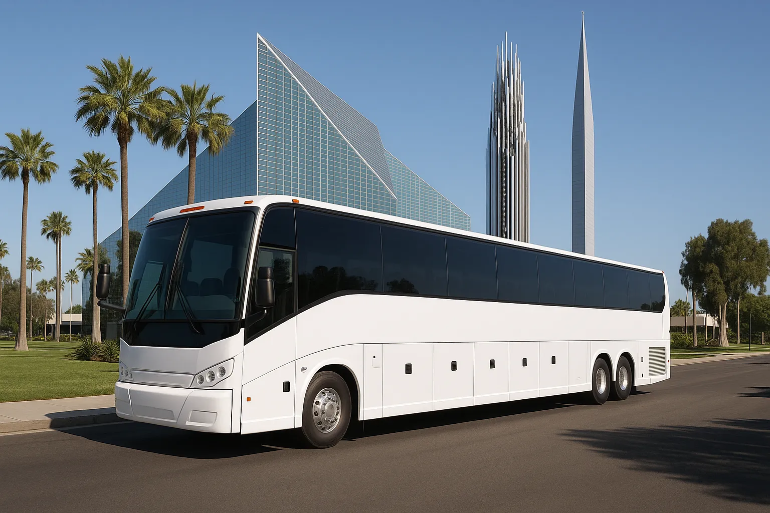 Charter coach near Christ Cathedral in Garden Grove