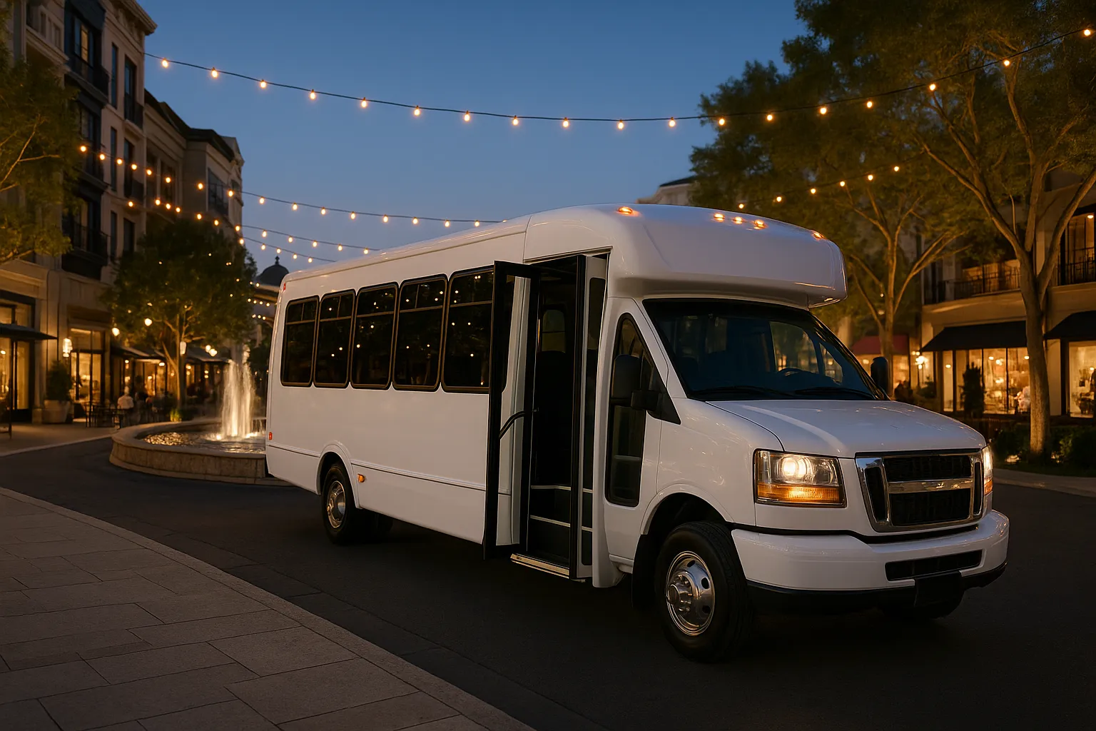 Minibus loading wedding guests on a downtown Glendale street beside an outdoor shopping district in the evening