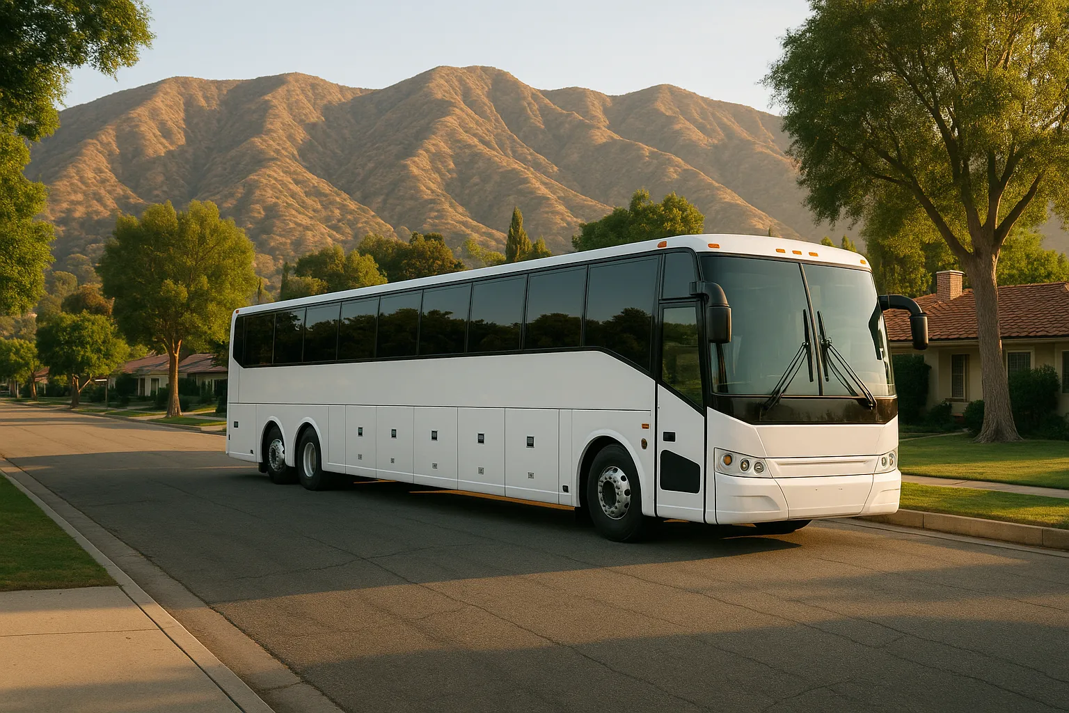 Motorcoach on a wide boulevard below the Verdugo hills in Glendale on a clear morning