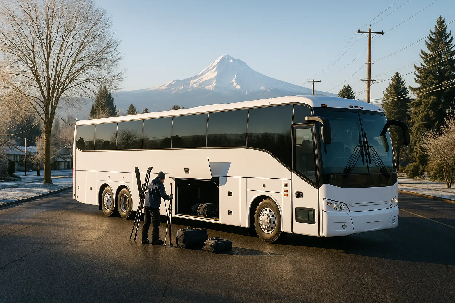 Motorcoach loading a ski group on an east county street with Mount Hood in the distance