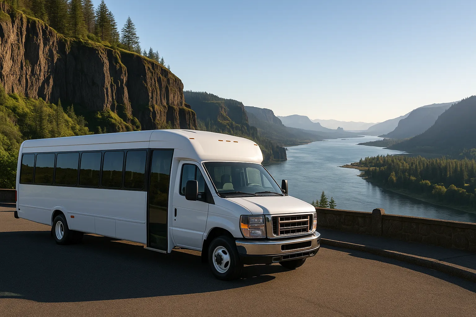 Minibus parked at a Columbia River Gorge viewpoint pullout on a bright morning