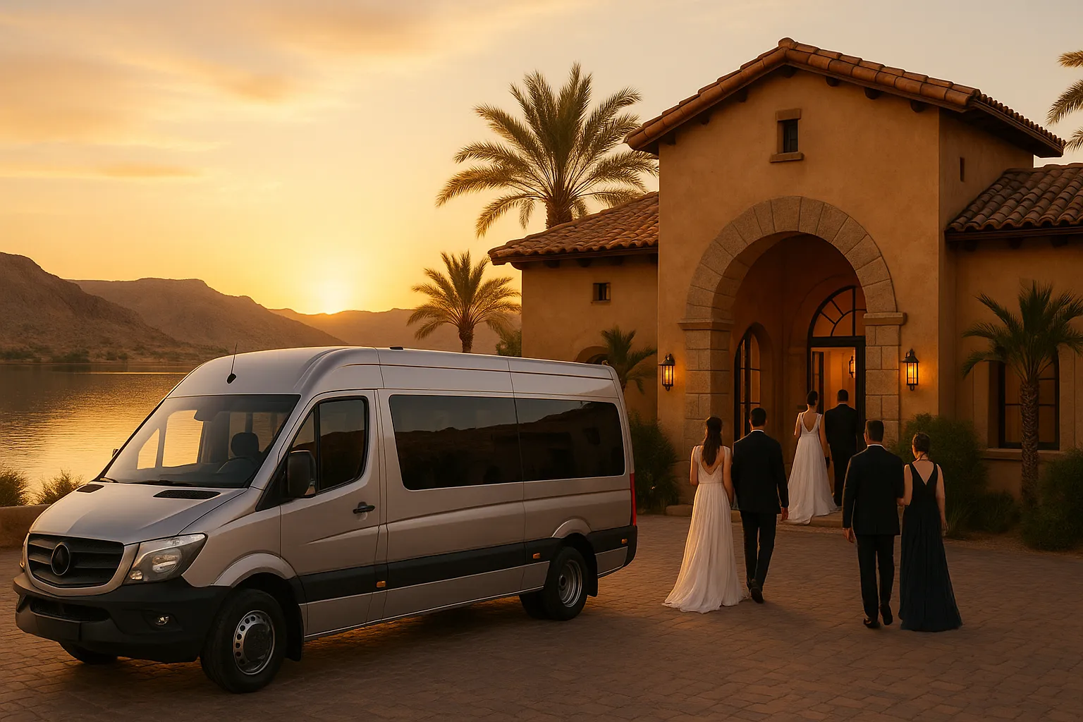 Minibus waiting at a lakeside desert resort entrance near Henderson as a wedding group arrives