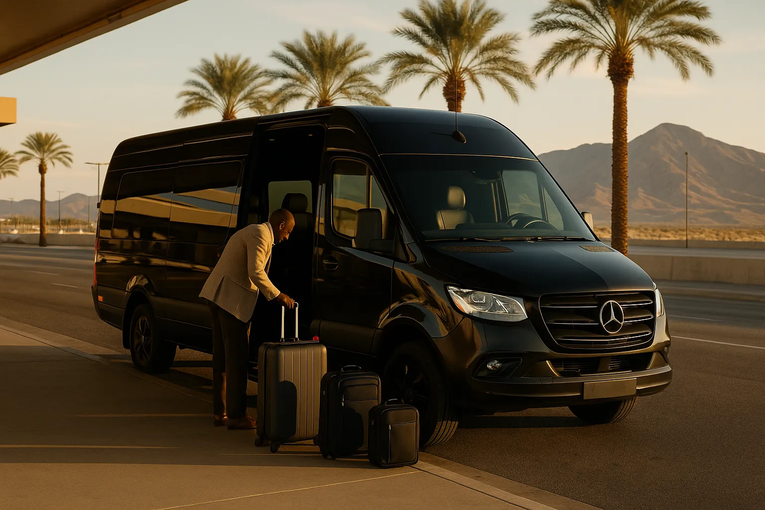 Executive sprinter van loading luggage at the airport charter pickup area near Henderson, Nevada