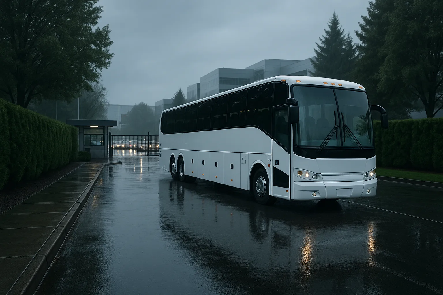 Motorcoach staged at a Hillsboro technology campus gate before a morning shift change