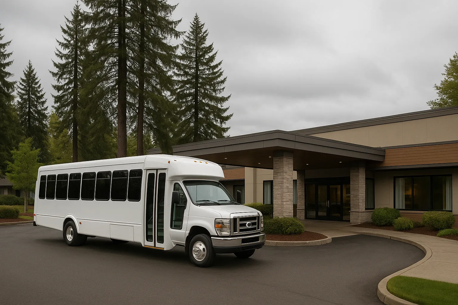 Minibus picking up a small group outside a Hillsboro hotel on an overcast morning