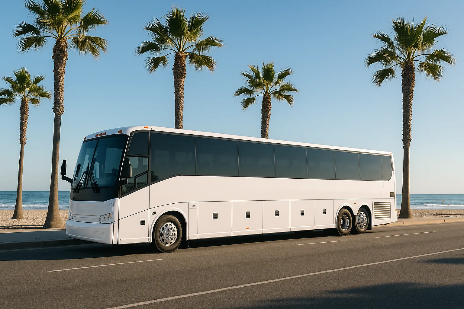White charter motorcoach on a palm-lined beach road in Huntington Beach