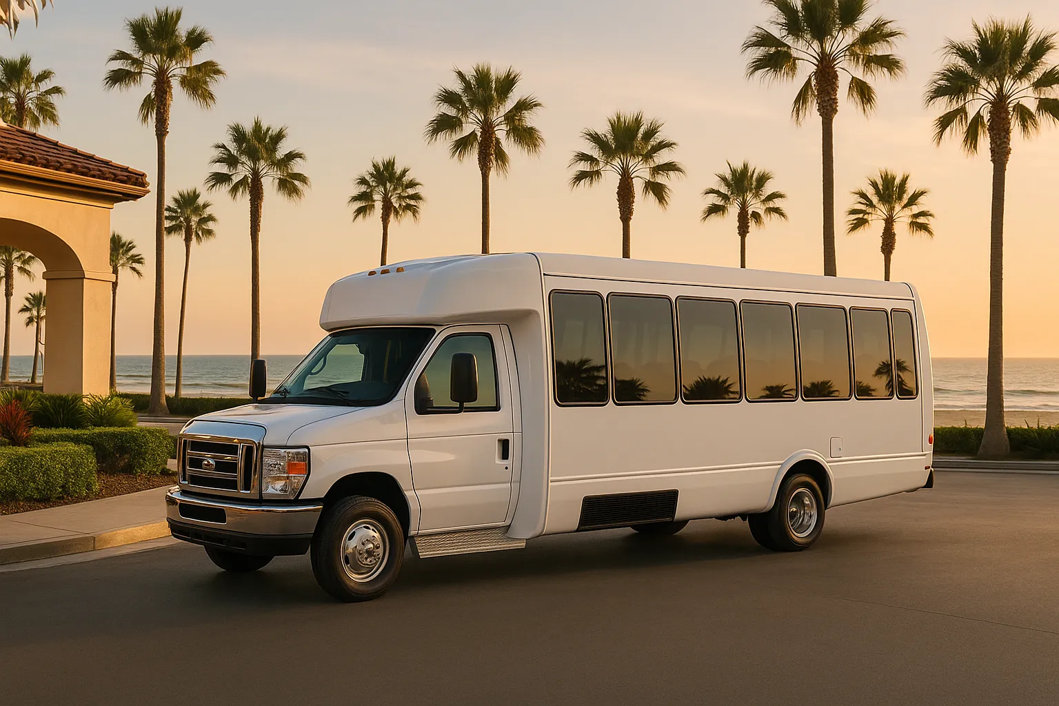 Minibus at an oceanfront resort entrance in Huntington Beach