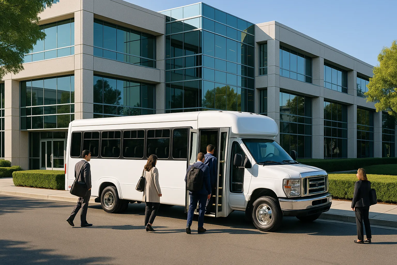 Minibus loading employees outside a low glass office building in an Irvine business park