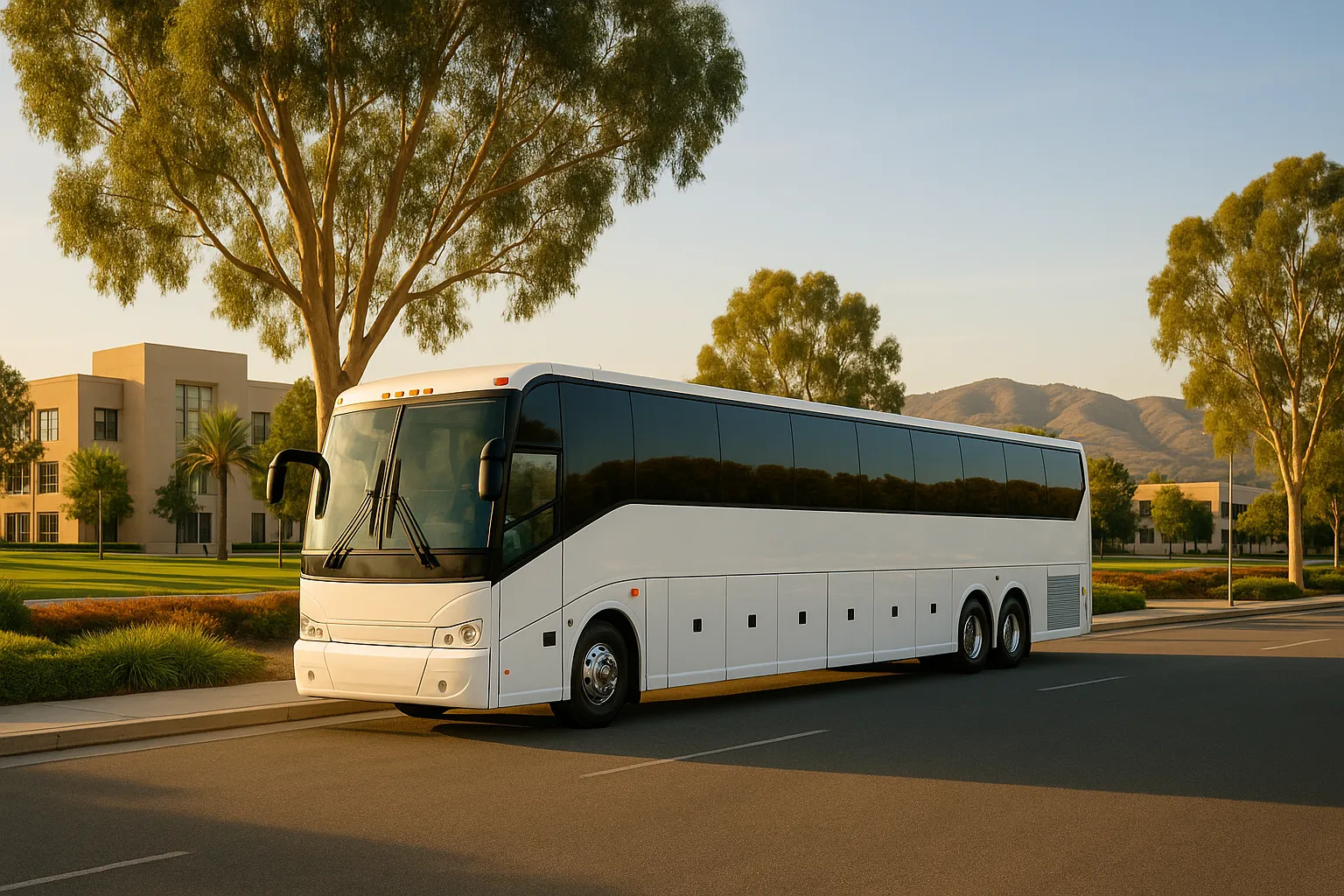 Charter motorcoach parked along a wide landscaped Irvine arterial near a university campus