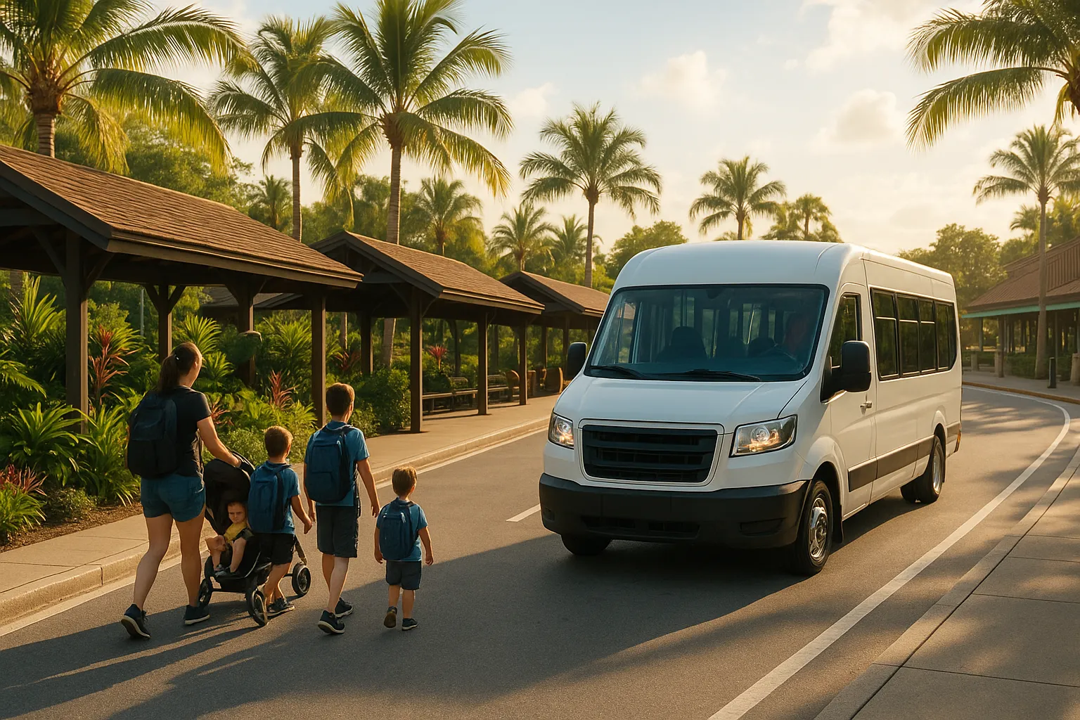 Minibus on a theme-park bus loop near Kissimmee as a family group walks over to board