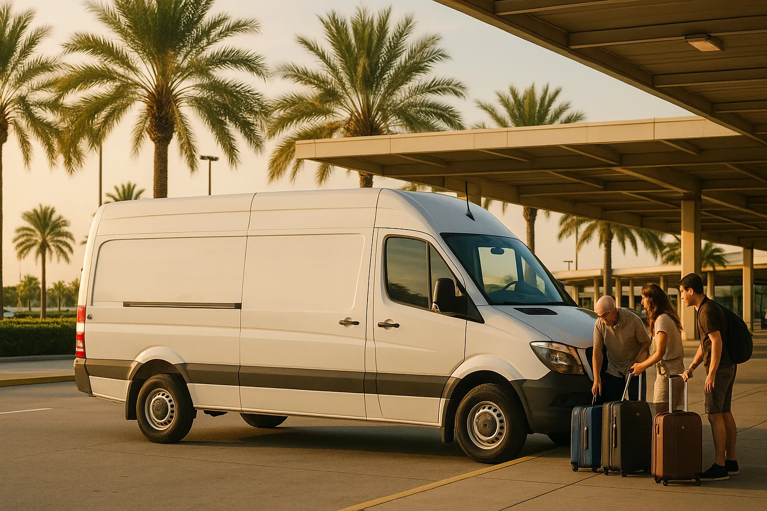 Sprinter van loading luggage at the airport ground transportation area serving Kissimmee