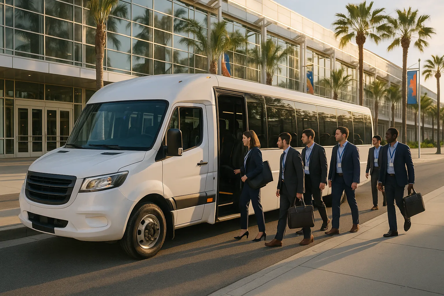 Minibus boarding conference attendees outside the convention center in downtown Long Beach