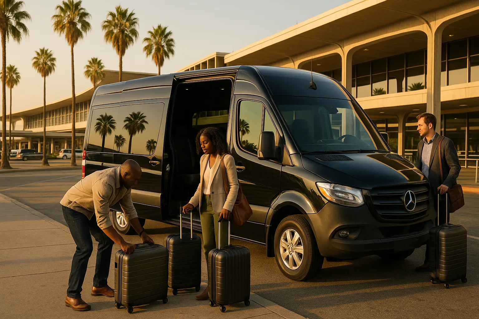 Executive sprinter van loading luggage at an open-air Southern California airport terminal curb