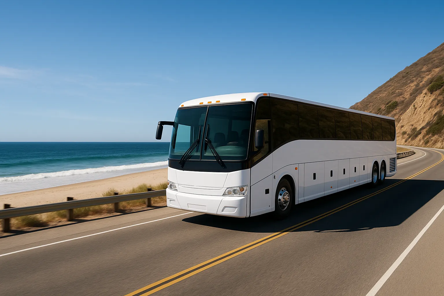 Charter coach on Pacific Coast Highway in Malibu