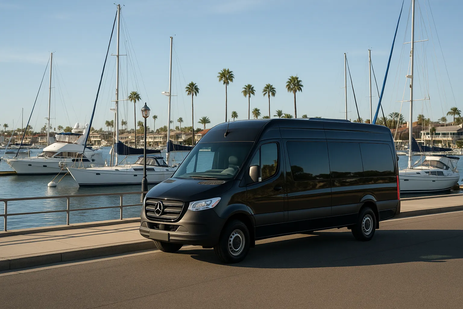 Black sprinter van beside Newport Harbor