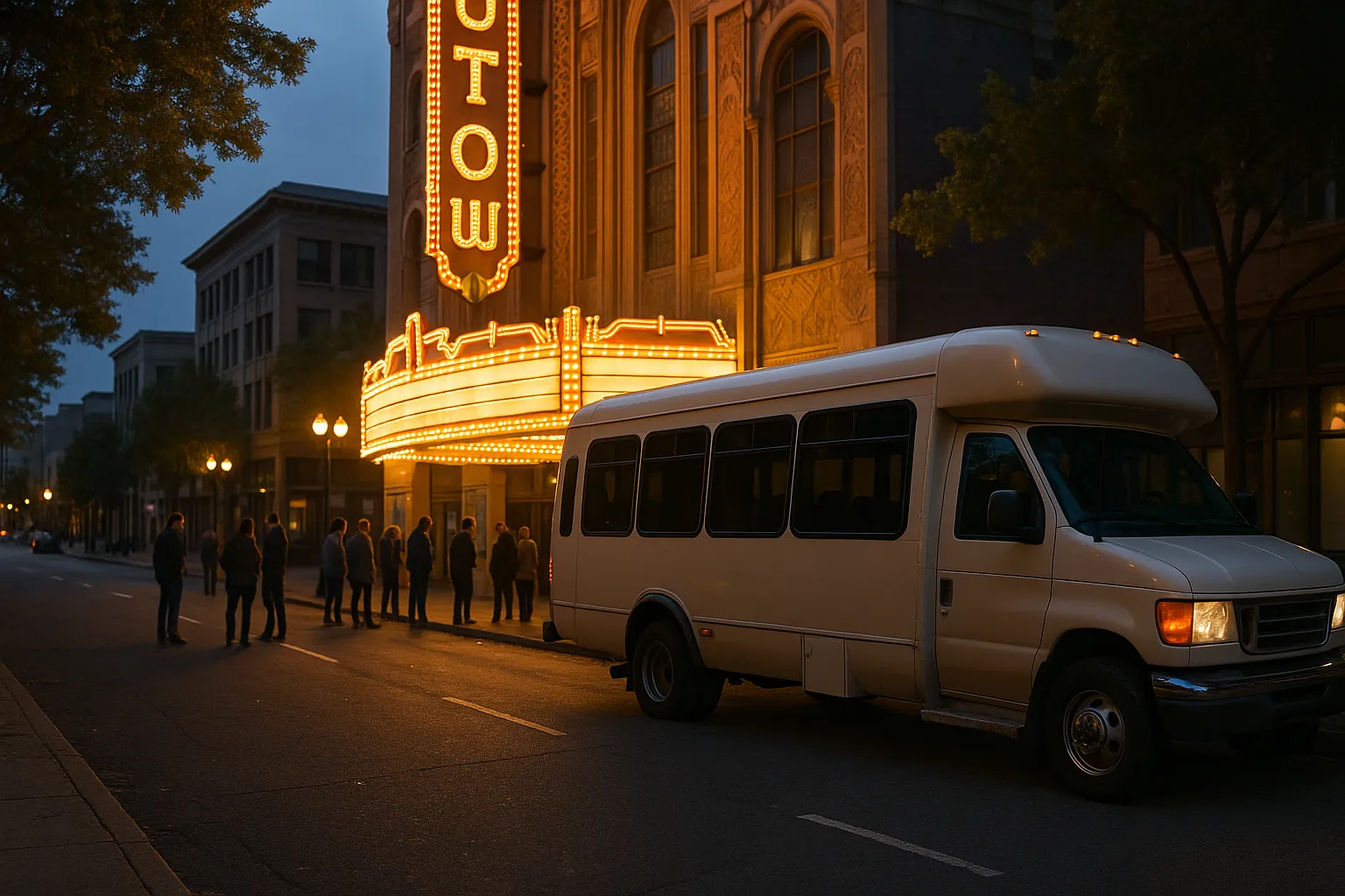Minibus parked outside a historic Uptown Oakland theater at dusk before a show