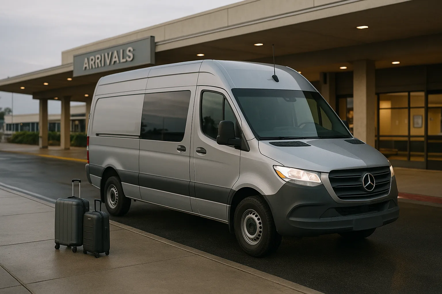 Sprinter van at an Oakland airport arrivals curb loading a small group and luggage