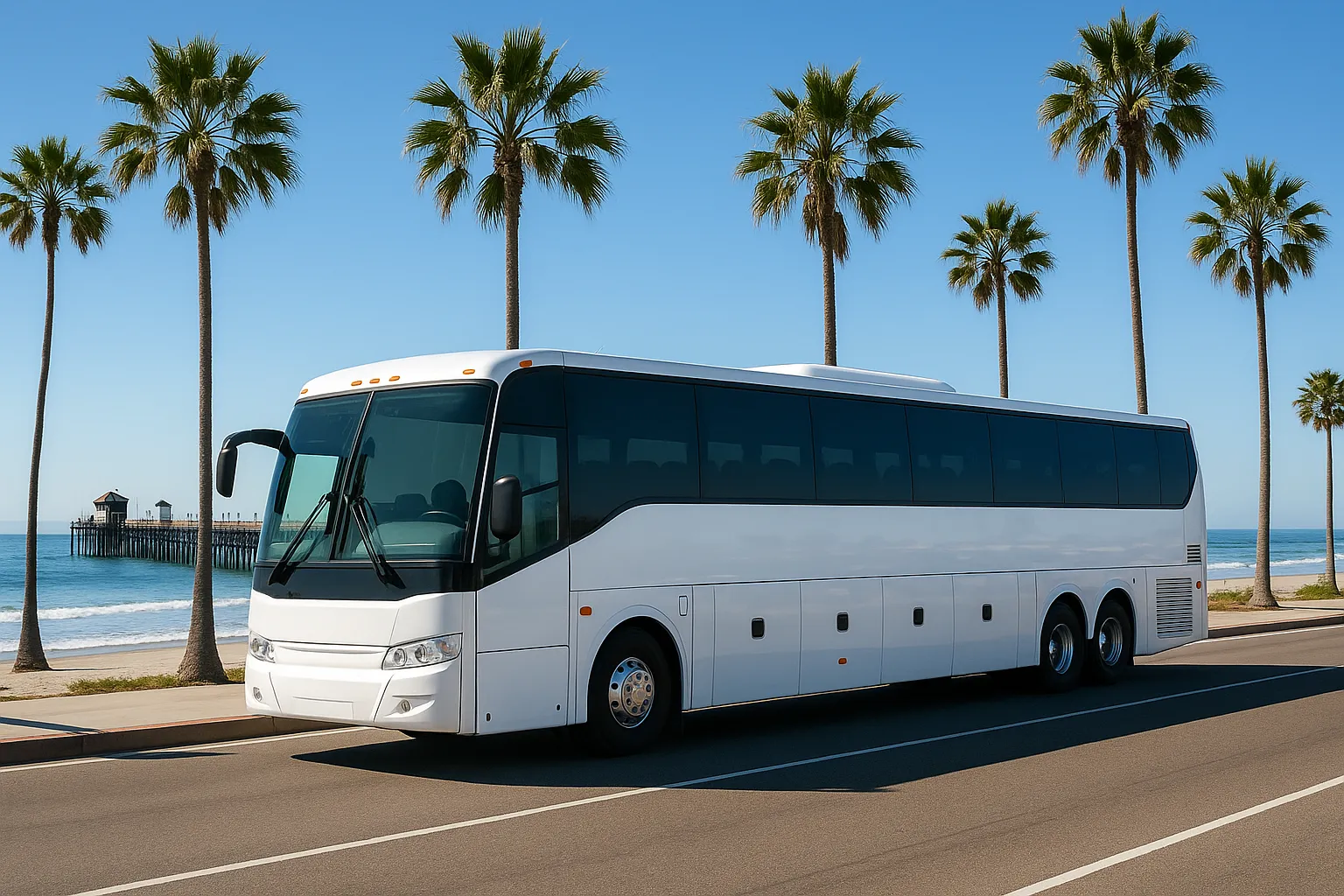 White charter motorcoach parked near the Oceanside beachfront with the wooden pier behind