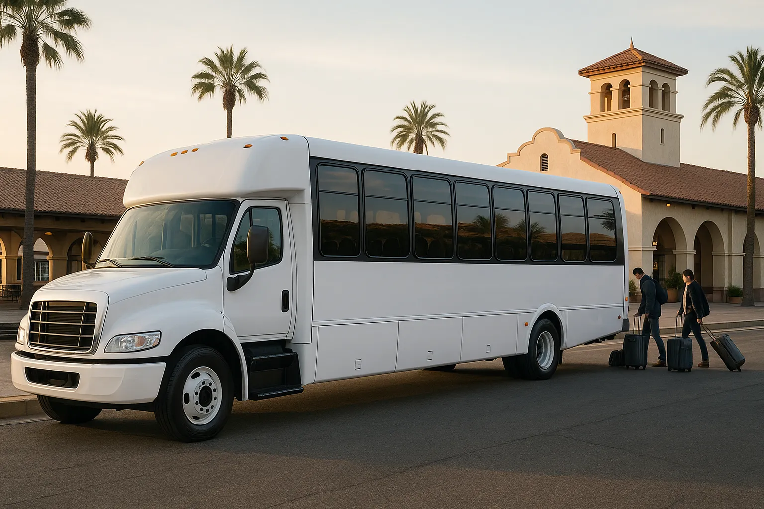 Minibus at a North County San Diego transit center as a group boards with luggage