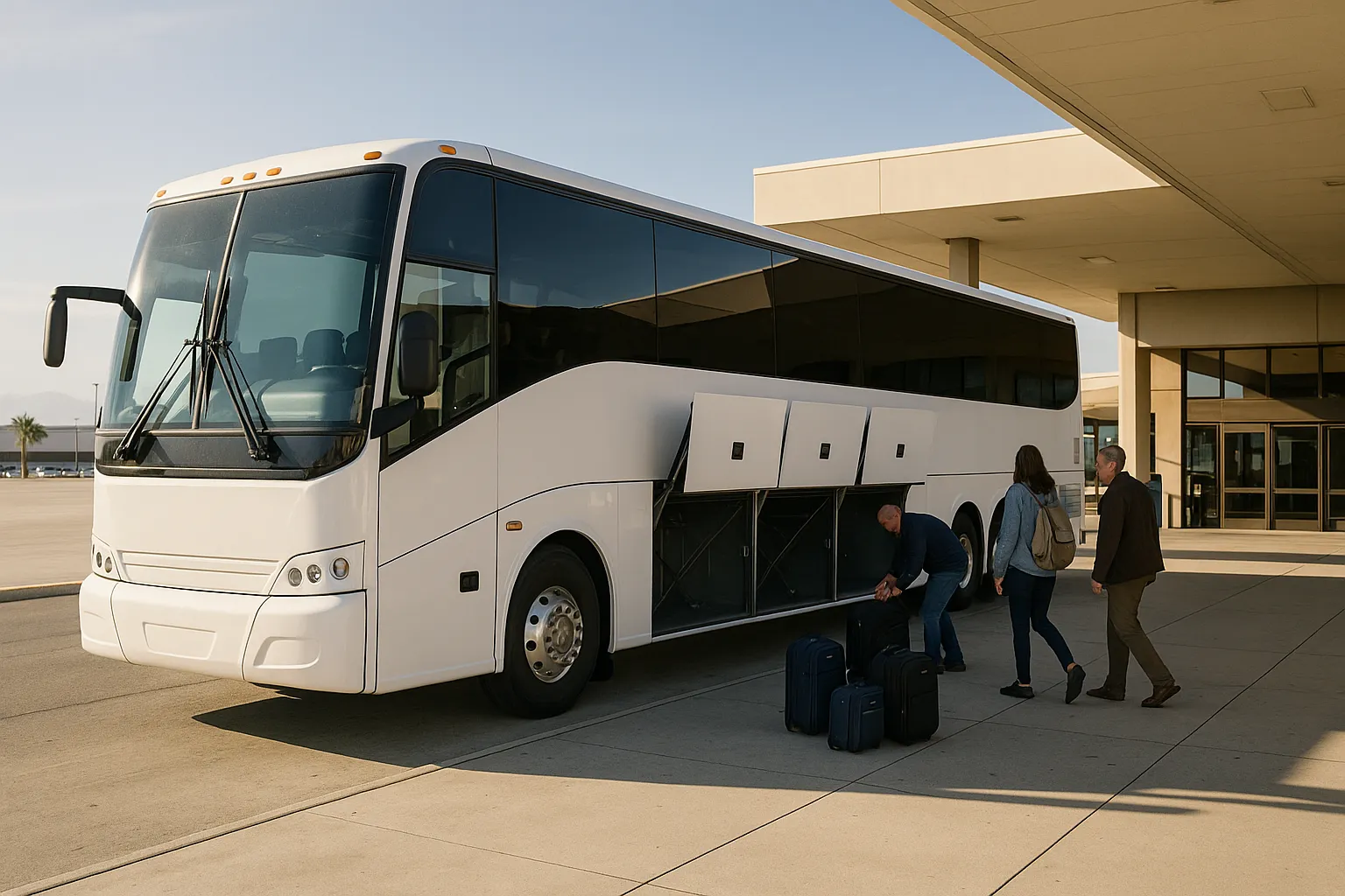 Motorcoach loading arriving passengers at a compact Inland Empire airport terminal curb