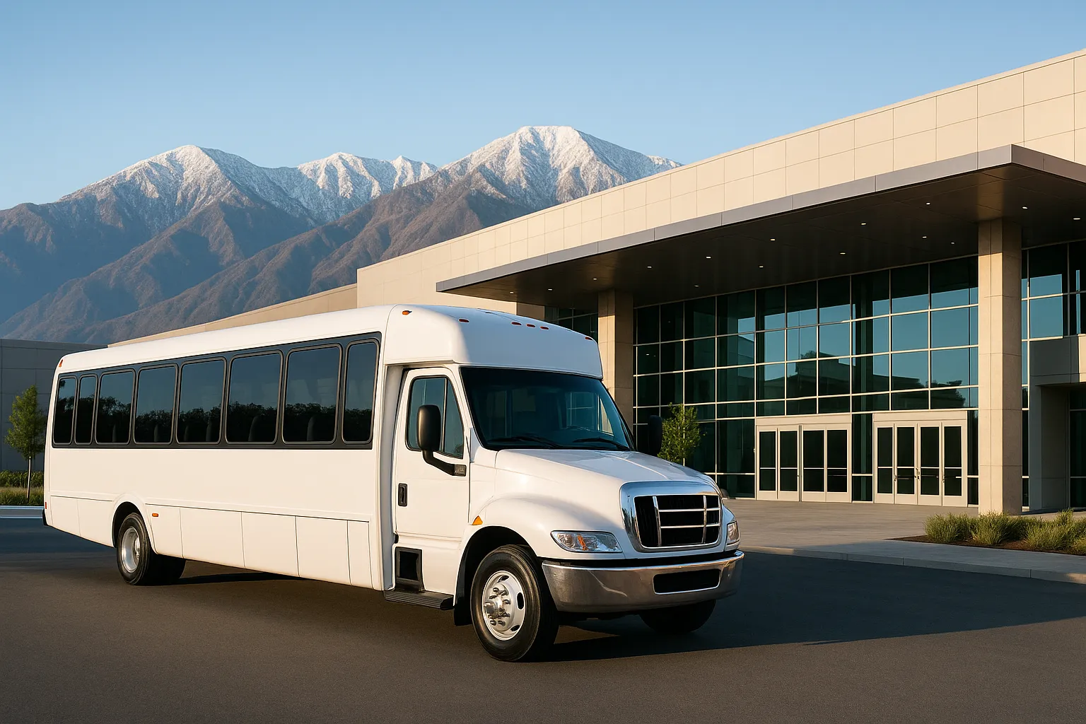 Minibus parked outside an Inland Empire convention center entrance on a clear morning