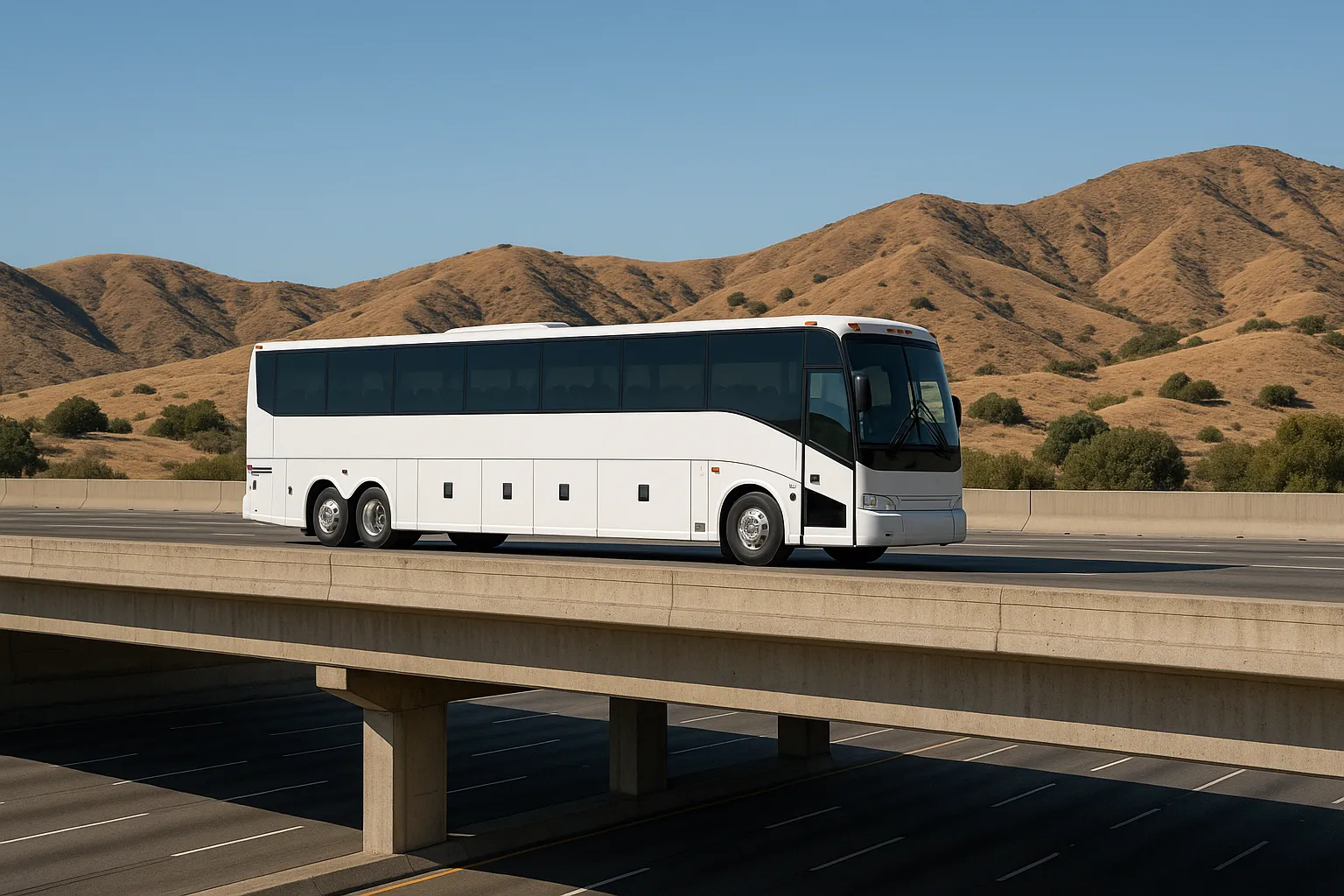 Charter motorcoach on an Orange County freeway overpass with low hills in the background