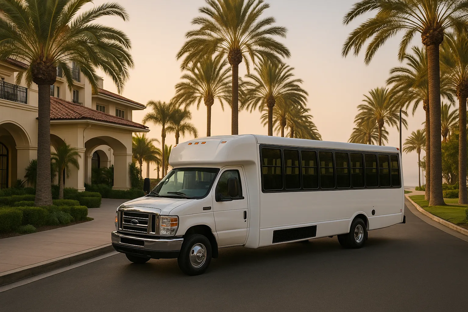 Minibus waiting at a coastal Orange County hotel drive in the early evening