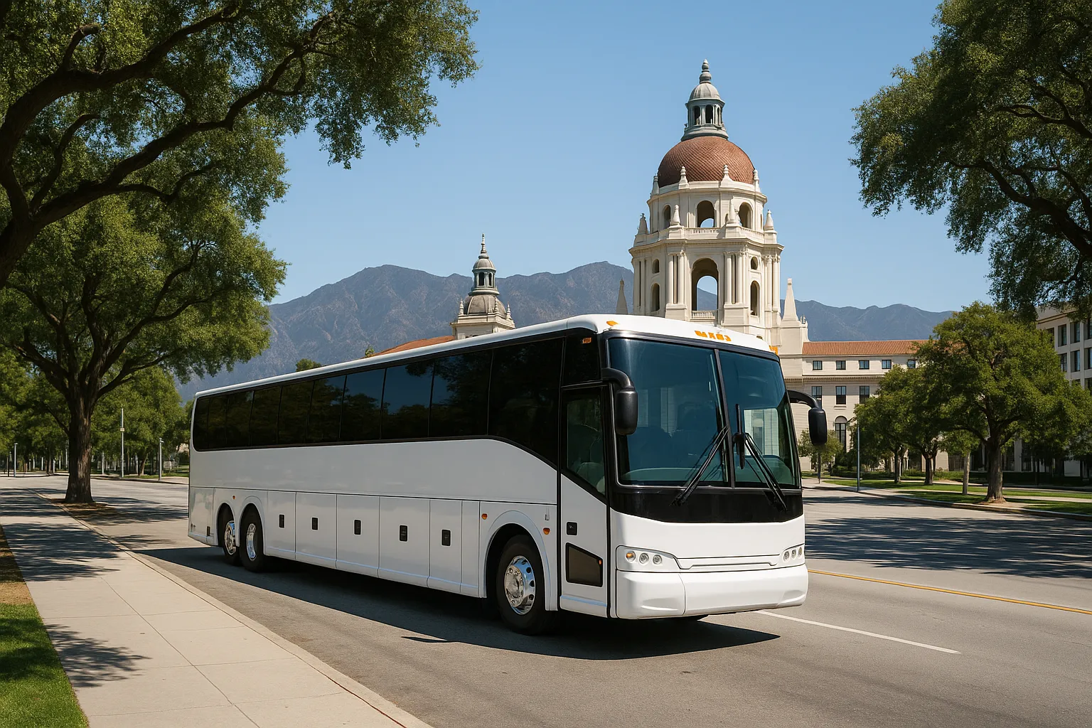 Charter motorcoach on a tree-lined Pasadena boulevard near a domed civic building