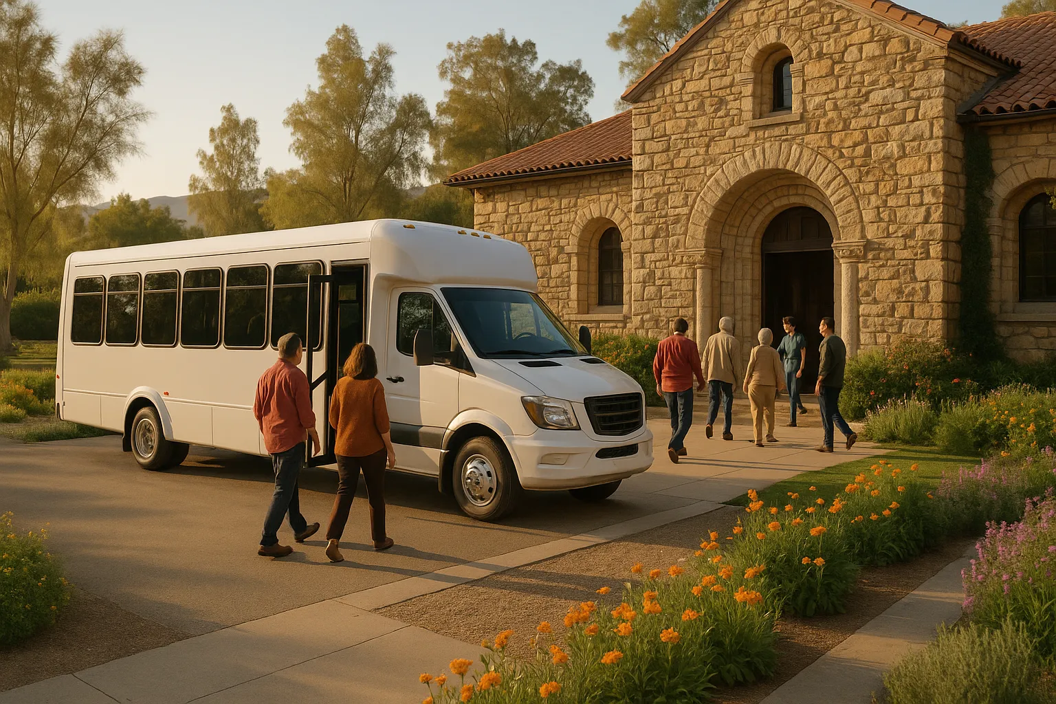 Minibus dropping a group at a museum entrance in the San Gabriel Valley on a clear afternoon