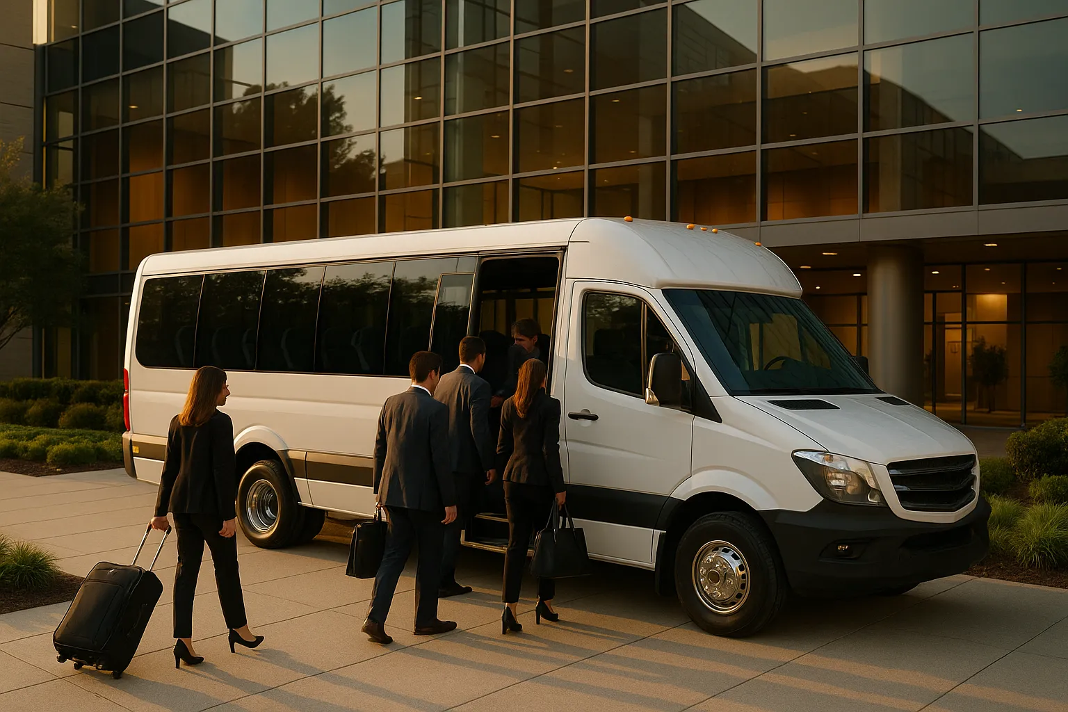 Minibus boarding business travelers outside a modern corporate headquarters in Plano