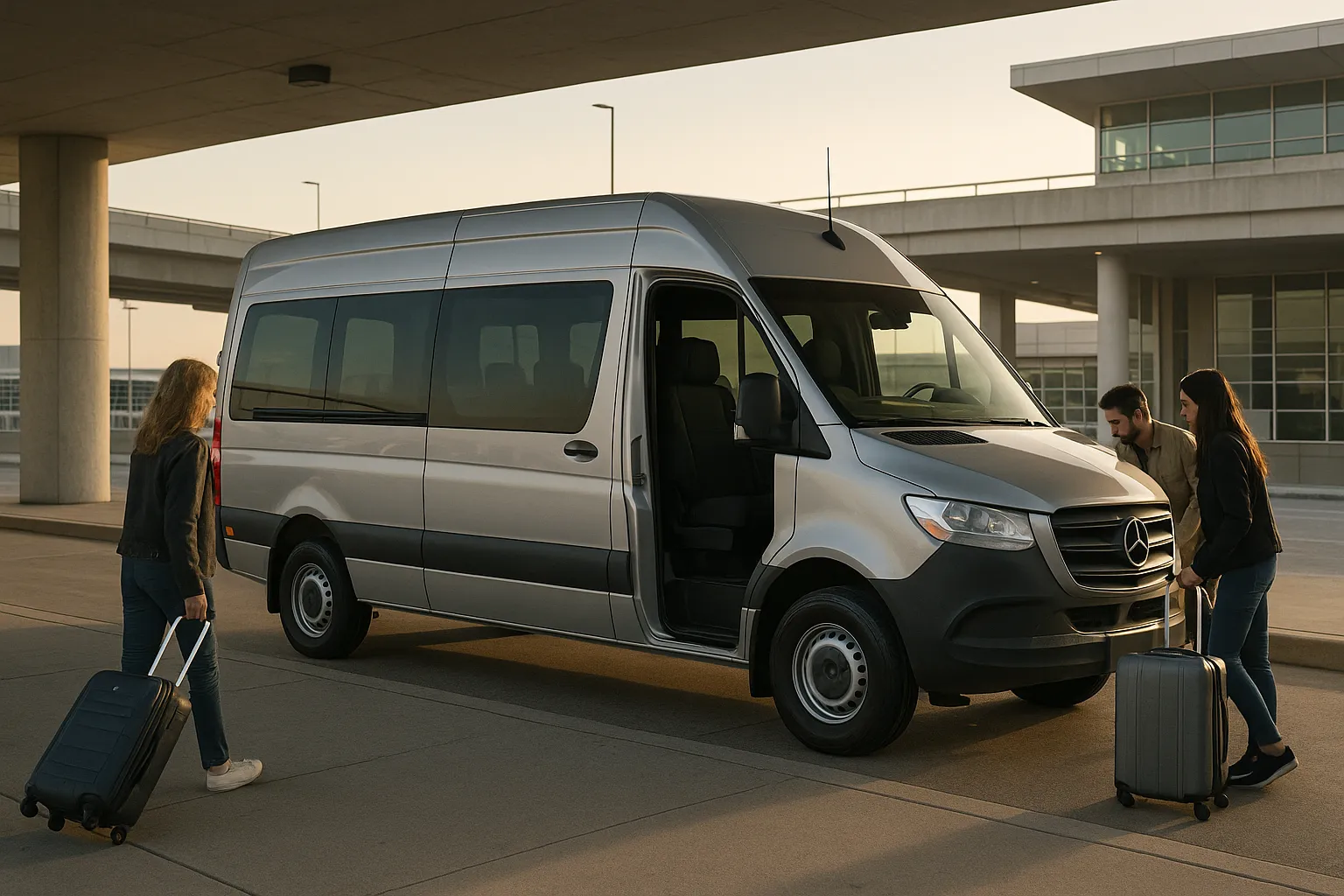 Sprinter van loading passengers at an airport commercial vehicle pickup area near Dallas