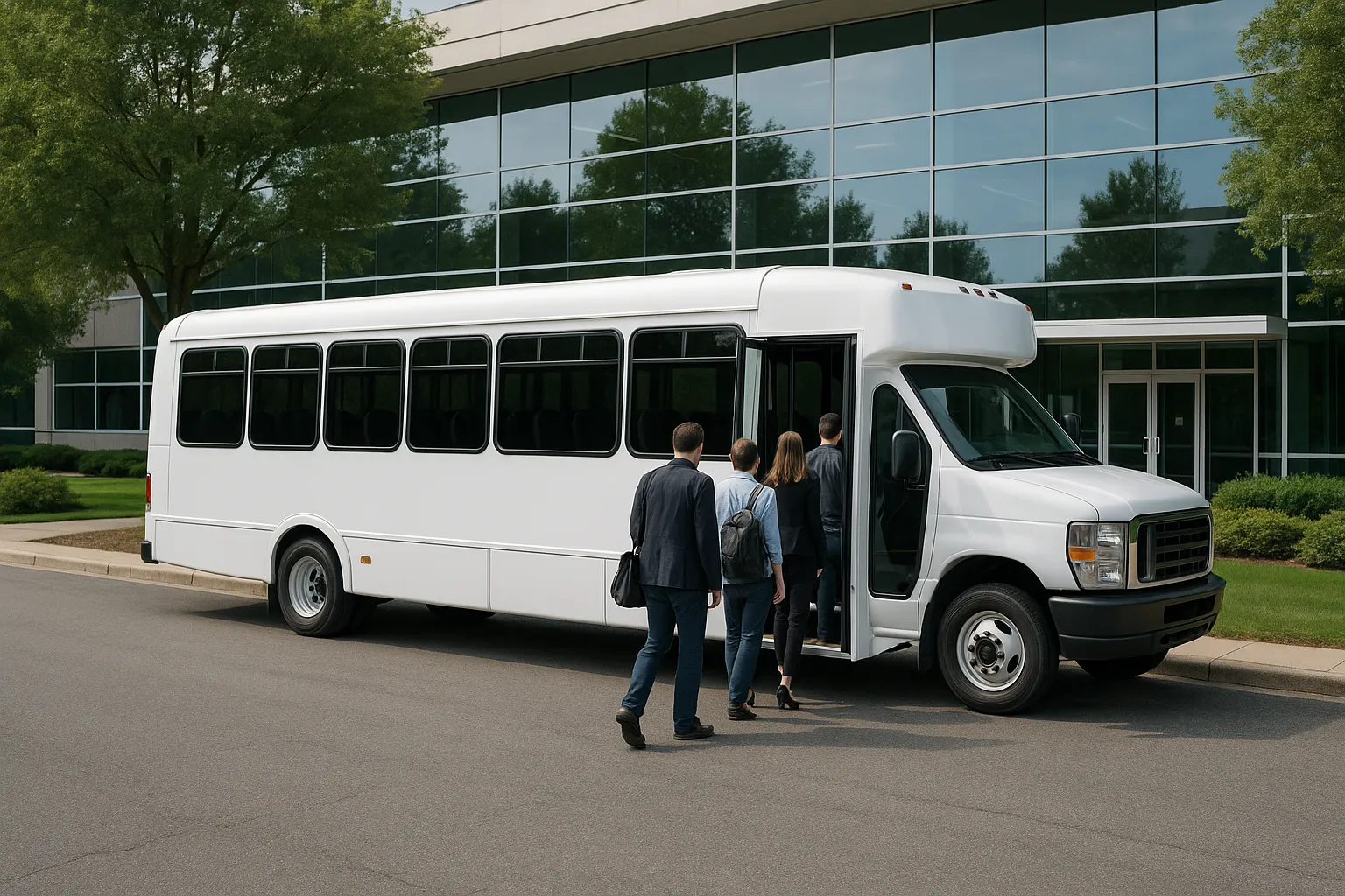 Minibus loading a corporate group outside a low technology campus building
