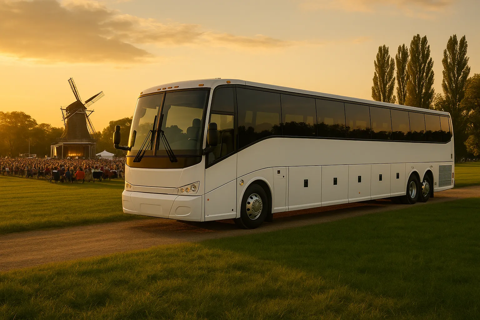 Motorcoach parked on a park lot edge before an outdoor summer concert