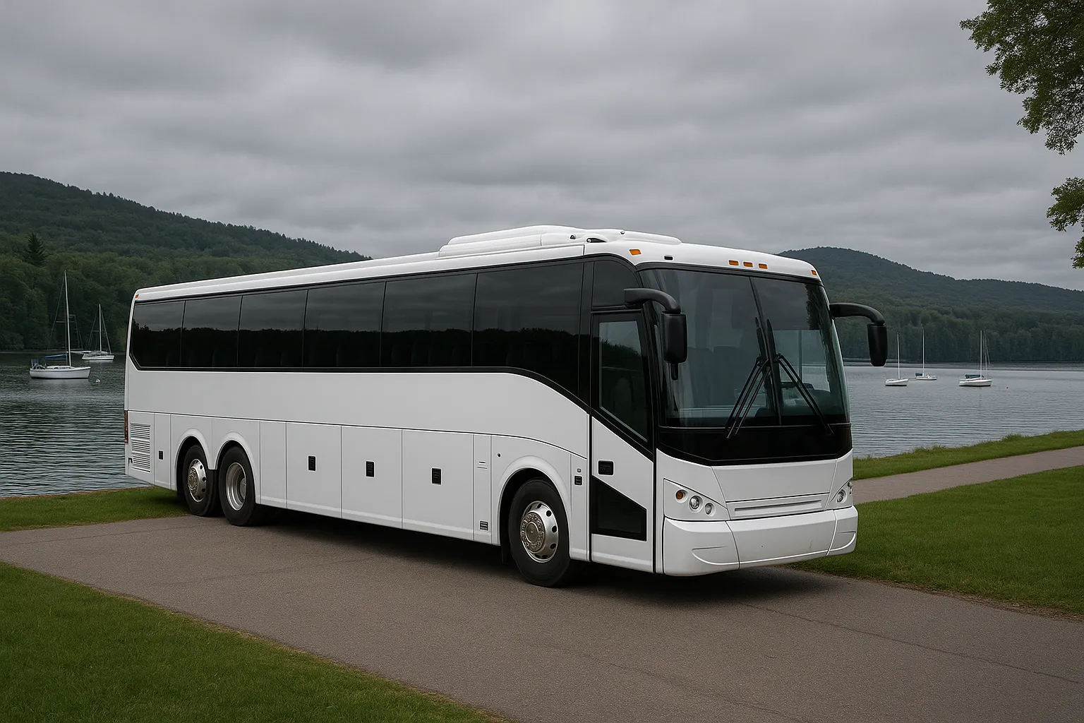 Motorcoach on a lakeside road near a large aircraft factory at the south end of Lake Washington