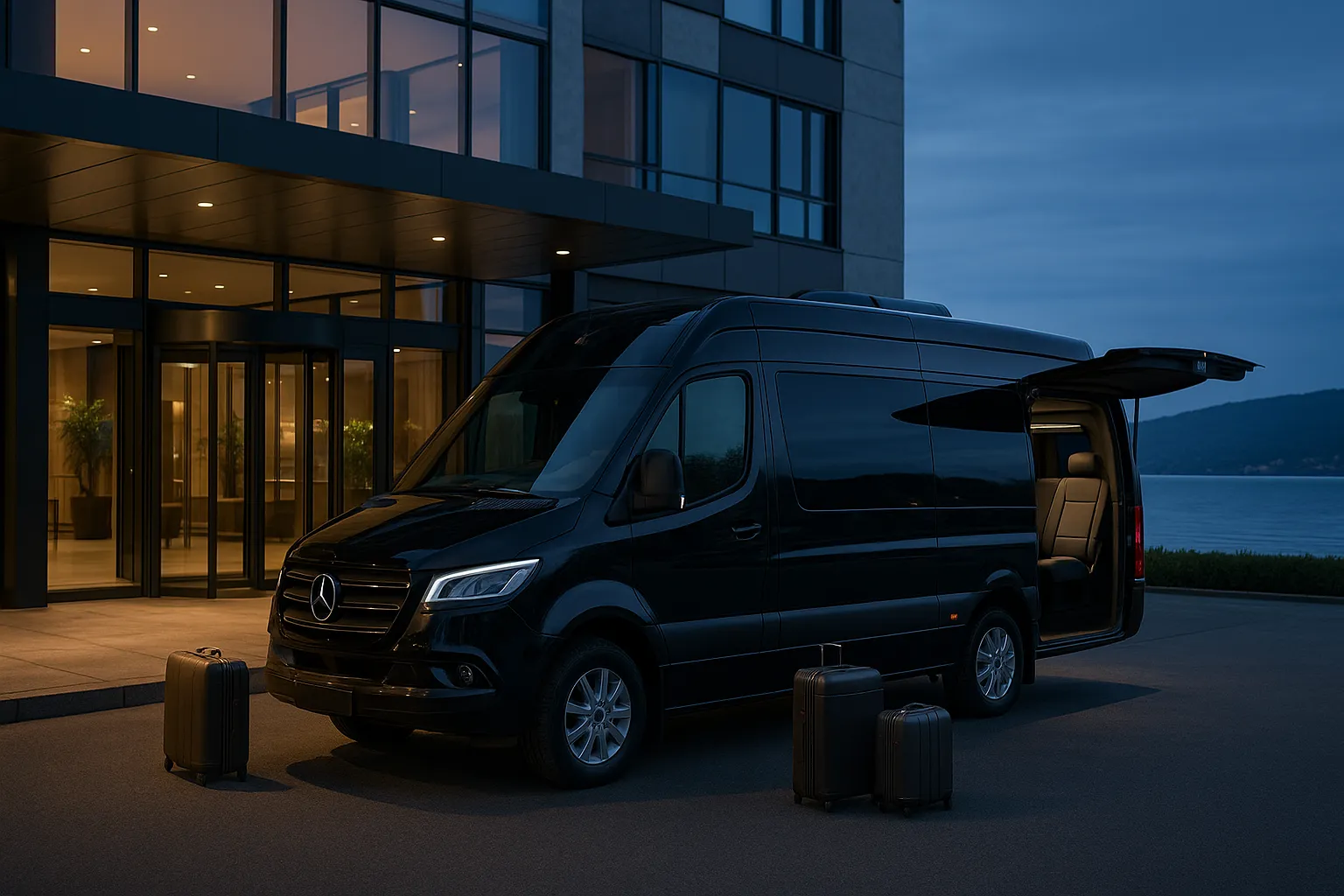 Sprinter van loading luggage outside a lakefront hotel entrance at dusk