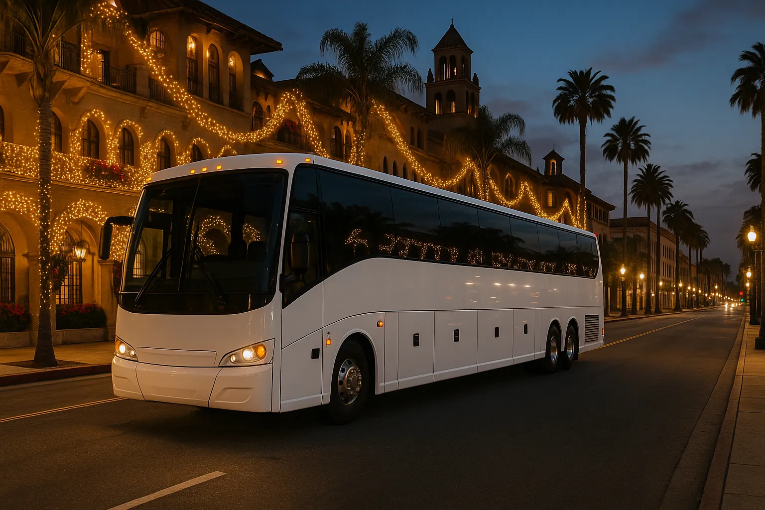 Motorcoach parked on a downtown Riverside street beside a historic mission style hotel in the evening
