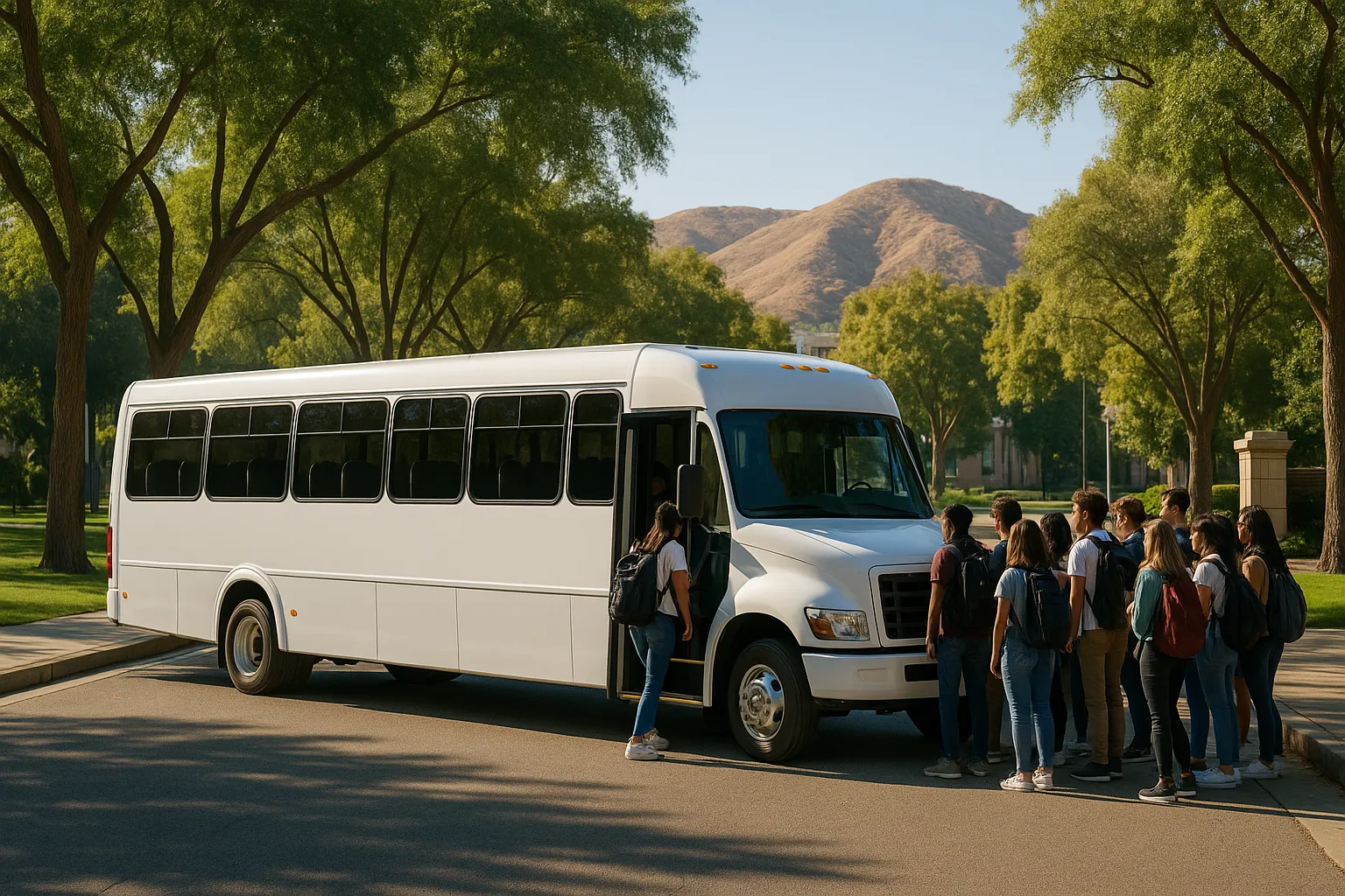 Minibus boarding a university group at a tree lined campus entrance in Riverside on a bright morning