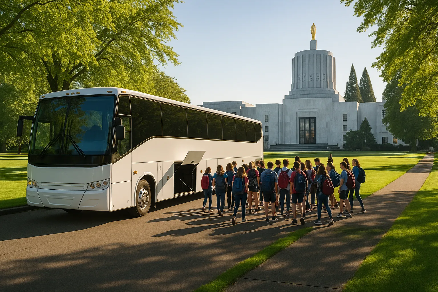 Motorcoach unloading a school group near the Oregon State Capitol mall