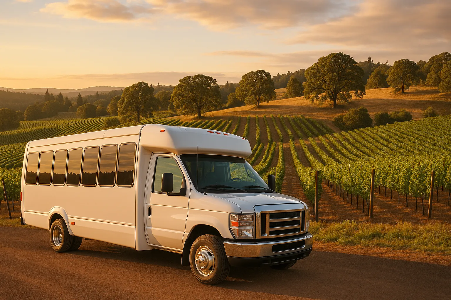 Minibus parked at a Willamette Valley winery west of Salem in the late afternoon