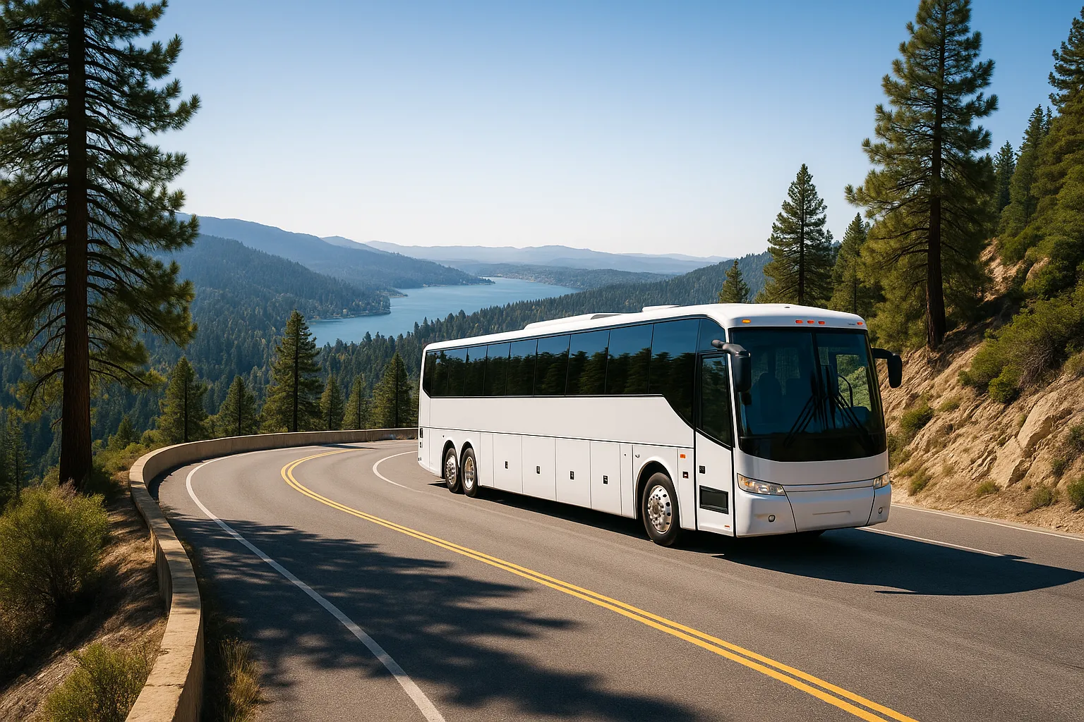 Charter coach on a mountain highway above San Bernardino