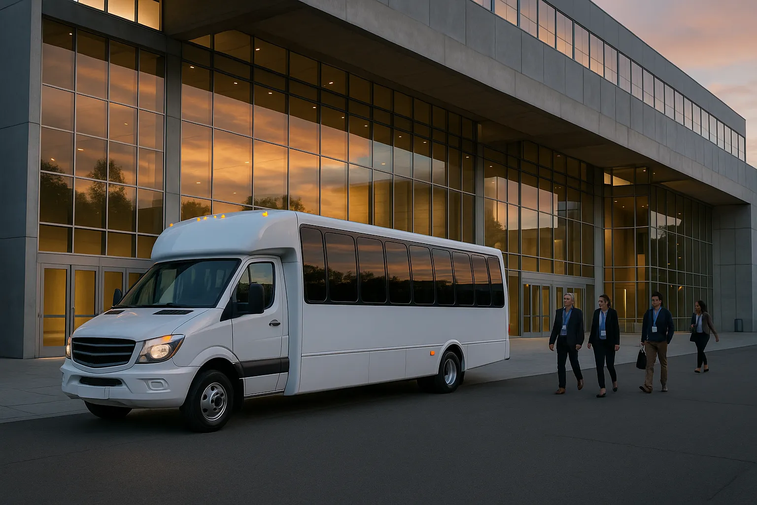 Minibus staged outside a San Jose convention center entrance in the early evening