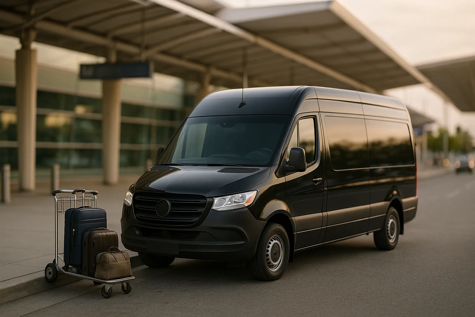 Sprinter van waiting at the airport arrivals curb in San Jose for a small group transfer