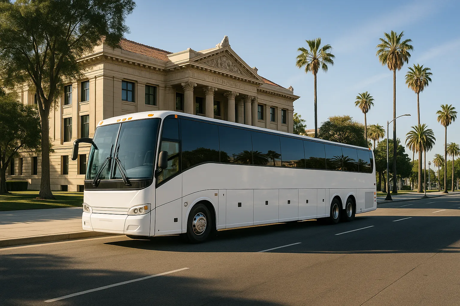 Charter motorcoach standing on a wide Santa Ana arterial near a historic civic building