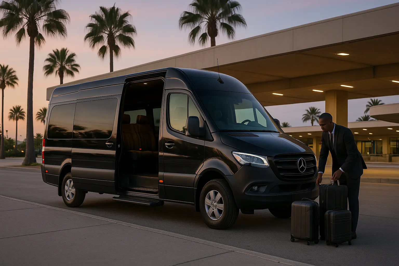 Sprinter van loading luggage at an open-air Orange County airport arrivals curb
