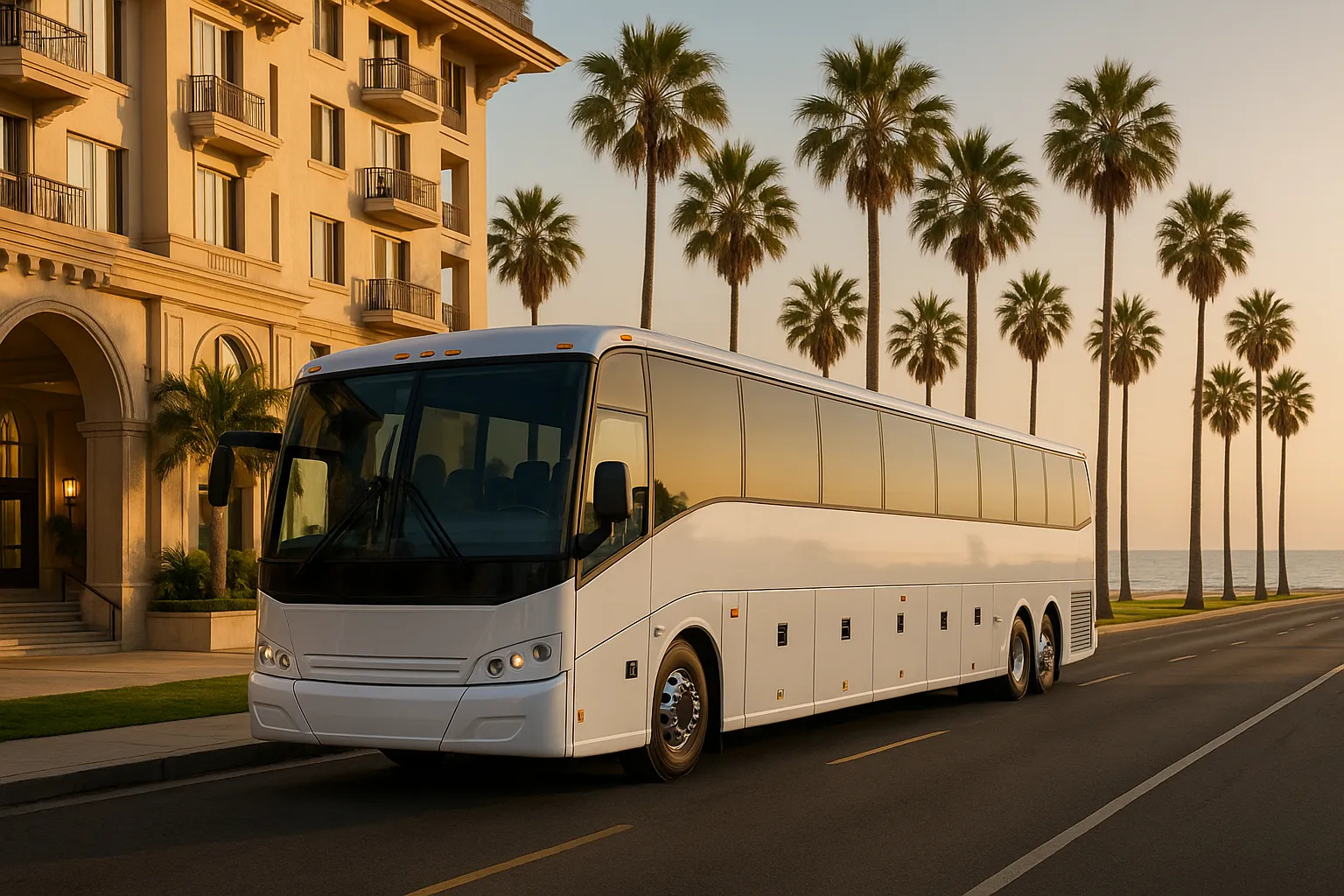 Charter motorcoach at a hotel curb on Ocean Avenue in Santa Monica with palms and the bluff behind