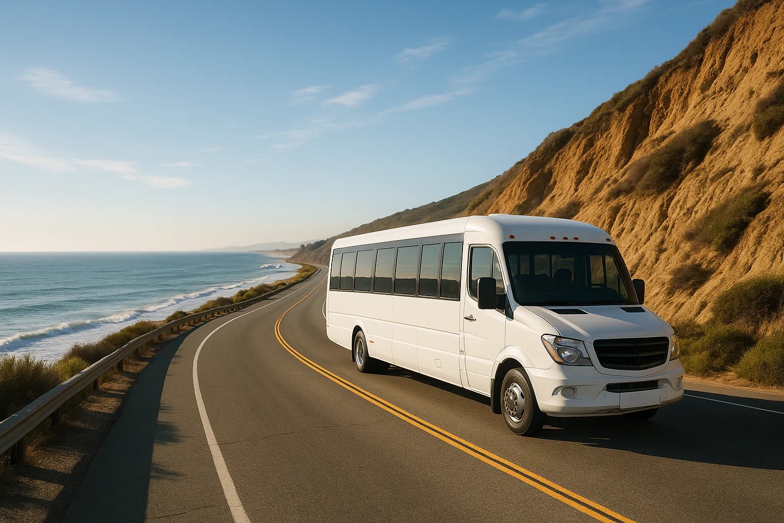 Minibus on Pacific Coast Highway north of Santa Monica with the ocean on one side